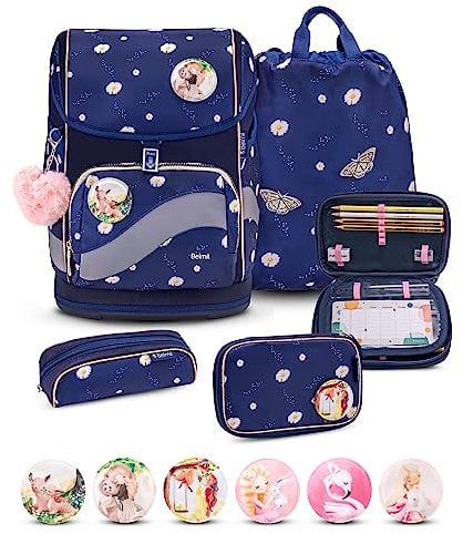 Belmil Premium Smarty Plus ergonomisches Schulranzen Set 5-teilig mit Patch Set 6 Stück, AGR, Brustgurt, Hüftgurt, Magnetverschluss (405-51/P/S Daisy)