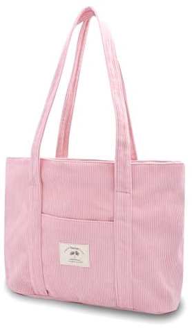 Damen Kord Groß Handtasche Tote Bag Shopper mit Reißverschluss für Bücher Reisen Alltag Schule Arbeit Einkauf rosa
