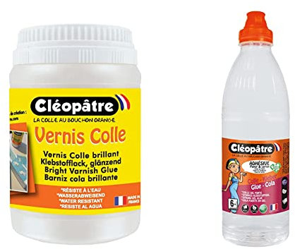 CLEOPATRE- Vernis Colle Transparent brillant, séchage rapide- Sans solvant - Pot de 250 g & AD1L - Flacon de Recharge de Colle transparente forte 1 L