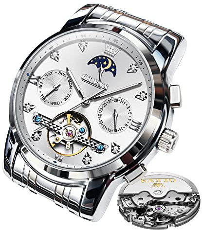 OLEVS Herrenuhren Automatik Mechanische Silber Armbanduhr mit Skelettiertem Tourbillon Kalender Wasserdicht Leuchtende Klassische Luxus Armbanduhren für Herren