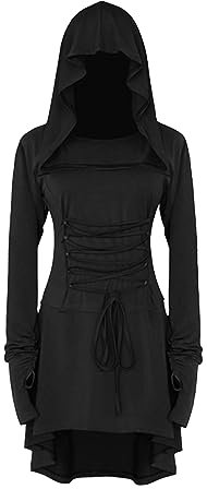YAOHUOLE Gothic Dresses for Women Medieval Lace Up Hooded Robe Sexy Halloween Costume Renaissance Faire Plus Size Black 2XL