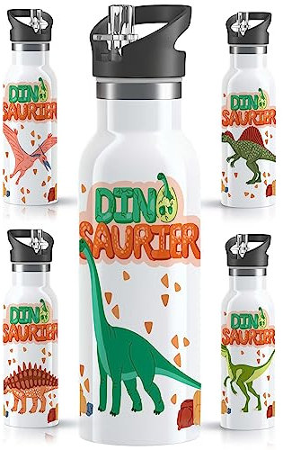 OWLBOOK® Dino Edelstahl Trinkflasche Kinder | Wasserflasche mit Strohhalm | 600 ml | Sportdeckel | Spülmaschinenfest | Schule Schulanfang Jungen Geschenke Einschulung Junge | Dinosaurier Langhals