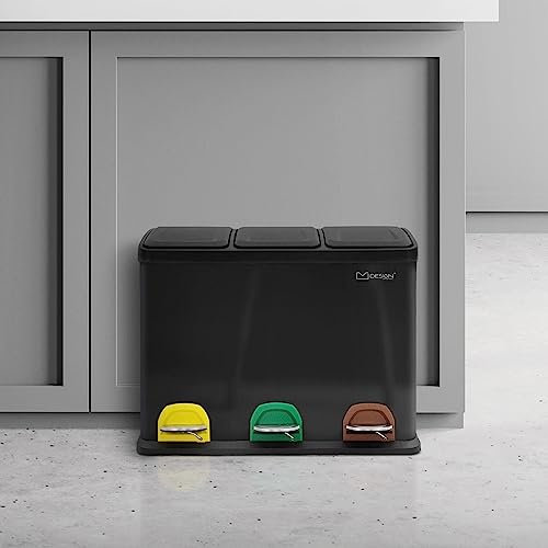 ML-Design Mülleimer Küche 3x 15L (45L), Schwarz, Mülltrennsystem 3 Fächer, Treteimer zur Mülltrennung, Abfalleimer aus Stahl mit Inneneimer aus Kunststoff & Klappdeckel, farblicher Kennzeichnung