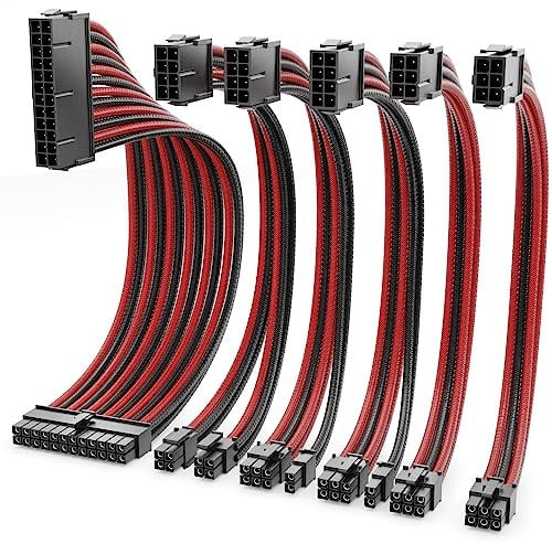 deleyCON Adaptador de Corriente Cable Extensión Set 6 Piezas 30 cm - Tarjeta Gráfica PC Ordenador Placa Base ATX 24 Pines EPS 4+4 Pines PCI Express 6+2 Pines y 6 Pines Macho a Hembra Negro Rojo