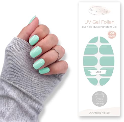 Fairy Nail UV Nagelfolien selbstklebende Gelfolien halb ausgehärtet 20 Stück Nailwraps Nagellackstreifen zum aufkleben… (Türkis)