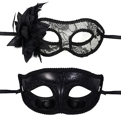 JewelryWe Maskerade Maske Paar Venezianische Maske - 2 Stück Schwarz Blume Spitze Maske Sexy Augenmaske Gesichtsmaske Gesicht Kostüm für Halloween Karneval Party Maskenball Damen Herren