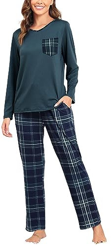 Lovasy Pyjama Femme Hiver Chaud Vetement de Nuit à Manches Longues 2 Pièces Pantalon Casual et Col en V Top avec Poche à Carreaux Pyjamas à Maison Costume A-Vert L