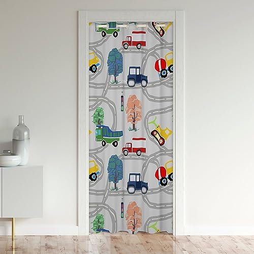 Loussiesd Cortina de puerta de excavadora para privacidad de niños, cubierta de cortina divisora de habitación de coche de dibujos animados para niños, camiones, policías, tratamientos de ventana de