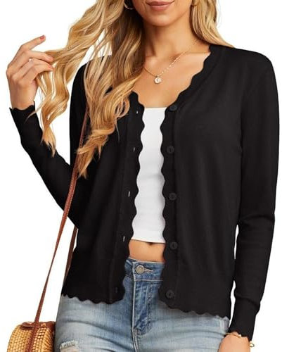GRECERELLE Cardigan Femme avec Boutons et Encolure en V Cardigan Femme Léger et Estival Elégant avec Dentelle (Noir, M)