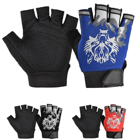 CubePlug Guanti mezze dita per bambini, ragazzi e ragazze, per ciclismo, arrampicata, con imbottitura in gel, senza dita, per BMX [SPI] (lupo blu, M)