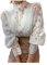 FRESQA Camicia Patchwork in Pizzo con Maniche a Petalo, Colletto alla Coreana, Scava Fuori, Camicetta in Pizzo da Donna, Top Bianco con Bottoni