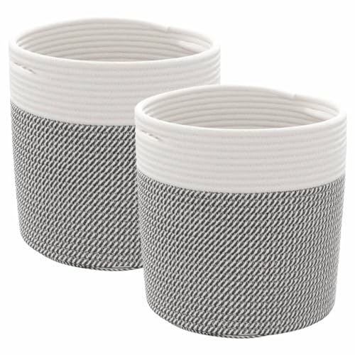 vidaXL Aufbewahrungskorb 2 STK., Wäschekorb Geflochten Faltbar, Rund Flechtkorb Korb mit Griffen, Wäschesammler Spielzeugkorb, Grau Weiß Ø28x28cm Baumwolle