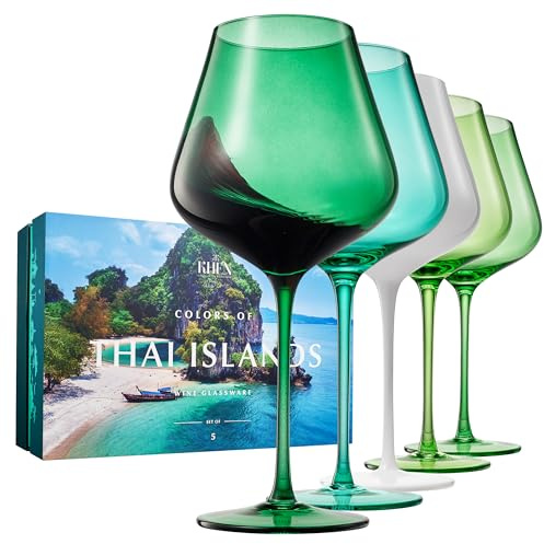 Khen Thai Island Beaches Colored Wine Glass Set, 20oz Stemmed Glasses, Set of 5, Traveler Explorer Tropical Gift for Special Celebrations, Drinkware for Red & White Wine
