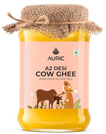 Auric A2 Bilona Desi Cow Ghee 1 liter- Vedic Bilona Method -Traditional Curd Churned -Lab Tested - Danedar Ghee -Grass Fed Cow -Glass Jar