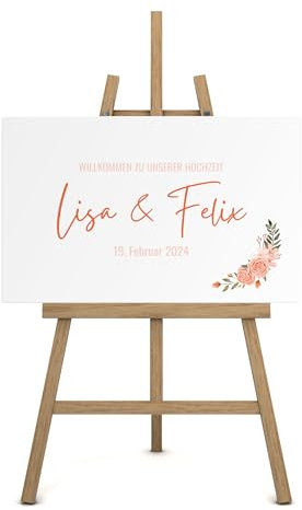 Willkommensschild Hochzeit auf Leinwand personalisiert (60x40cm) Eingang Deko für Taufe & Geburtstag mit Namen und Datum I Blumen Türschild Willkommen