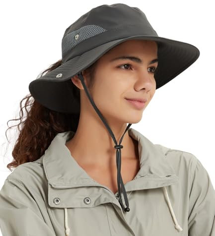 Hat Hut Wasserdichter Sonnenhut für Damen, Satin-gefüttert, UV-Schutz, Pferdeschwanz, breite Krempe, Strandhut, Fischerhut zum Wandern, Angeln (DE/NL/SE/PL, Alphanumerisch, Einheitsgröße, Dunkelgrau)