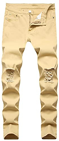 FULUJIDI Jeans Pantalon Bettler Zerrissene Jeans Männer Zerrissene Hosen Schlank Knies Ch Lisses Loch Elastisch Lässig Jeans Trend 34 6604Khaki