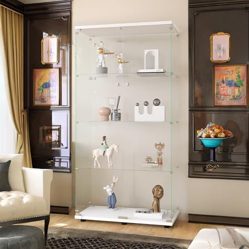 Vetrina in vetro, 4 ripiani, armadio portaoggetti in vetro su piedistallo, doppia porta, vetrina da collezione, vetrina con serratura, per camera da letto e soggiorno, 80 x 36 x 163 cm (doppia porta,