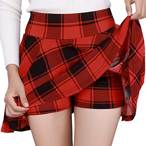 DJT Damen Mädchen Basic Solid Dehnbaren Informell Mini Skater Rock mit Shorts Rot Plaid X-Small