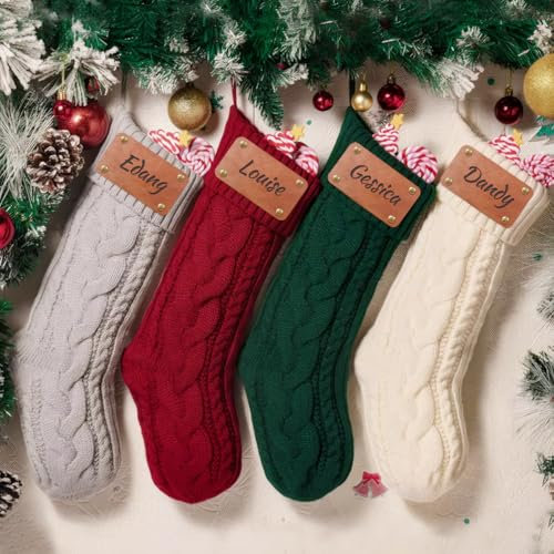 HOBULL Weihnachtsstrumpf Personalisiert, 4 Stück 46cm Großer Nikolausstrumpf Personalisiert Namen, Gestrickter Weihnachtssocken Kamin Hängenden Weihnachtsbaum Decorations für Feiertag, Familienparty