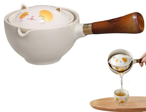 BEAHING Tetera de 360 Grados Rotación Lindo Cerámico Cerámico Tetera China con Filtro Desmontable y Mango de Madera Fabricante de té para té té té tetero de Gato