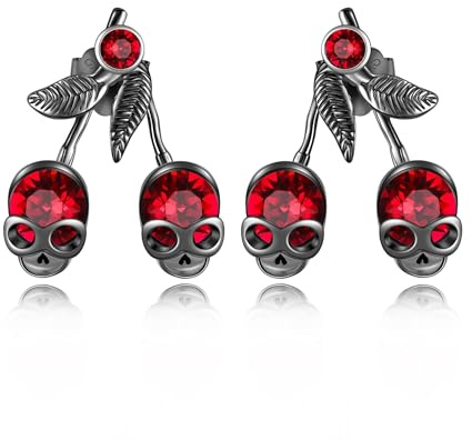 DAYLINLOVE Totenkopf-Kirsch-Ohrringe, S925er-Sterlingsilber, Gothic-Kirsch-Ohrstecker, rote Skelett-Ohrringe, Halloween-Schmuck, Geschenke für Frauen