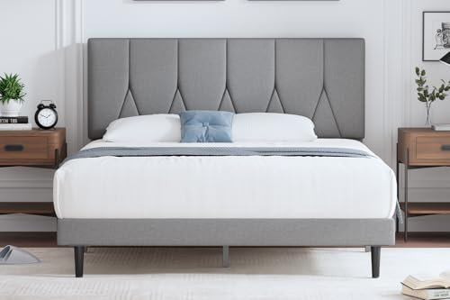 Yocreat Polsterbett 160 x 200 cm Bettgestell Doppelbett Bettrahmen mit Kopfteil, Stoffbett mit Lattenrost, Einfache Montage, Hellgrau