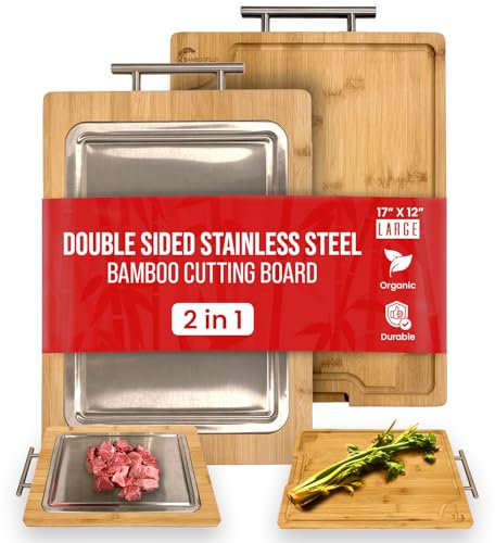 2-in-1 Bamboo Cutting Board With Handle, Double Sided Stainless Steel Cutting Boards With Juice Groove, Large Meat Cutting Board, Wood Cutting Boards For Kitchen, 16.9 x11.8 in