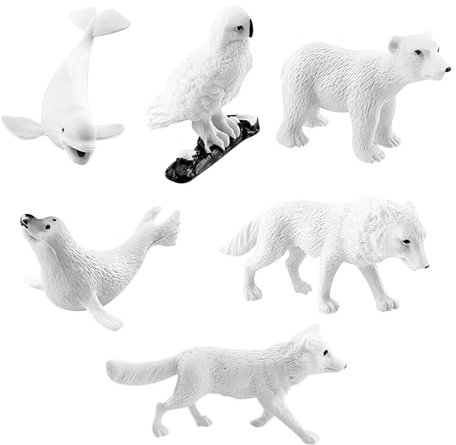 Durdiiy 6 Stück Polartier-Figuren, Spielzeug, 3–5 cm, Kunststoff, arktisches Tier-Spielzeug, Vorschul-Set, enthält Eisbär, Weißwal, Robbe, Wolf, Fuchs, Schnee-Eule, Kuchenaufsatz,