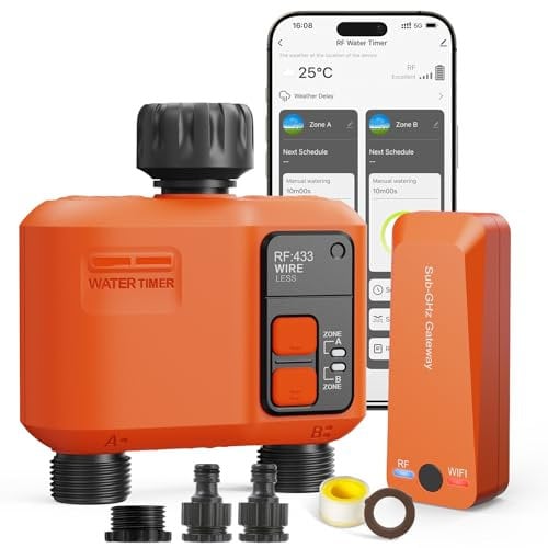 Smart Programador riego WiFi 2 Salidas con 300 Metros RF,WiFi supercobertura, Sistema de riego para jardín con retardo de Lluvia, Control por aplicación y Voz, Temporizador automático