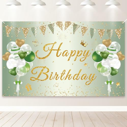 PartyYaa Cartel decorativo de feliz cumpleaños, pancarta de fondo de cumpleaños, pancarta extragrande para fiesta de fotos, decoración de fondo para interiores y exteriores (verde dorado)