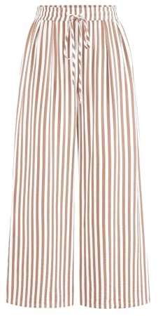 PRETTYGARDEN Womens Pants Elastic Waist Palazzo Pant, Stripe Khaki, L