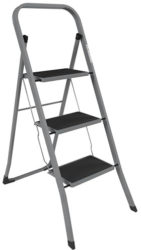 Home Vida Escalera de 3 peldaños – Escalera plegable de acero resistente con peldaños antideslizantes y anchos, mecanismo plegable, carga máxima de 150 kg, hogar, cocina, bricolaje, jardín, color gris