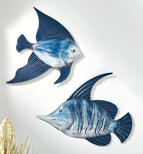 Dekoleidenschaft 2x Wanddeko Fische aus Metall, 28 + 36 cm, Deko maritim, Wandbild, Wandschmuck, Metalldeko