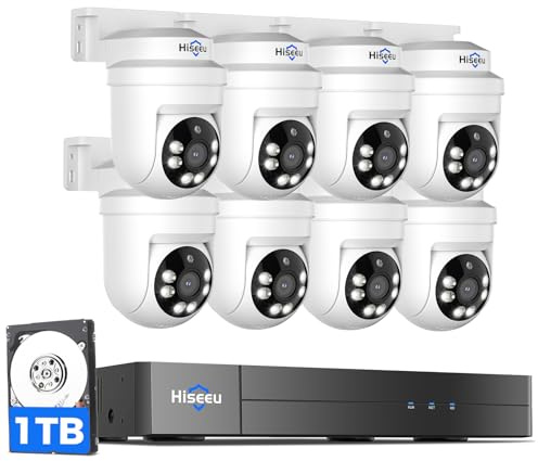 Hiseeu 3K PTZ Outdoor Wired Security Camera System with Color Night Vision,Audio,8CH 5MP DVR,8 x 5MP IP67 CCTV Cameras,360°Coverage,Person/Vehicle Detection,3TB HDD,100ft Night Vision,24/7 Recording