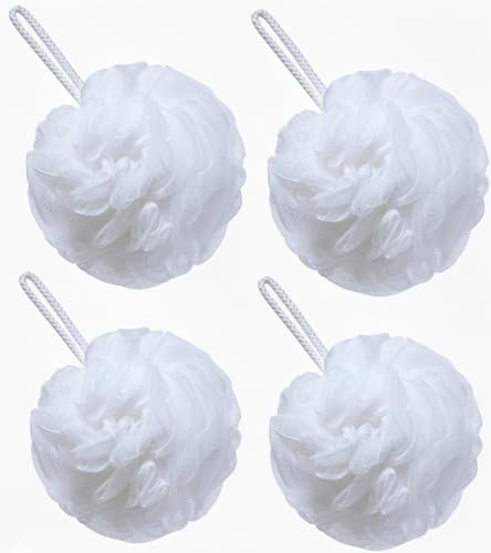 Loofah Sponge Shower Puff – 4 Pack White Mesh Bath Sponges & Body Scrubbers | Exfoliating Shower Poufs for Men & Women, Durable Bath Puffs for Rich Lather & Gentle Cleaning