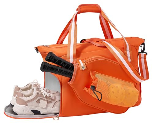 35L Pickleball Tote Bag with Shoe Compartment, Foldable Travel Duffel Bag for Women Mens, Pickleball Paddles Holder, 3 in 1 Versatile Travelling Sport Gym Hospital Holdall, (Mirror Orange, 35L)
