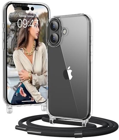 OLEPHY Crossbody Lanyard Case for iPhone 17 with Strap, Black | [Adjustable and Removable Strap], Transparent Phone Cover with Lanyard Strap & Outdoors | Freedom for Hands