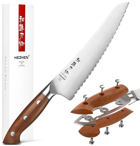 HEZHEN Frozen Food Knife, 8 Inches, Germany 1.4116 Stainless Steel, Sharp Serrated Knife for Meat/Vegetable/Bread/Fruit, Red Wood Handle, Gift Box Packing