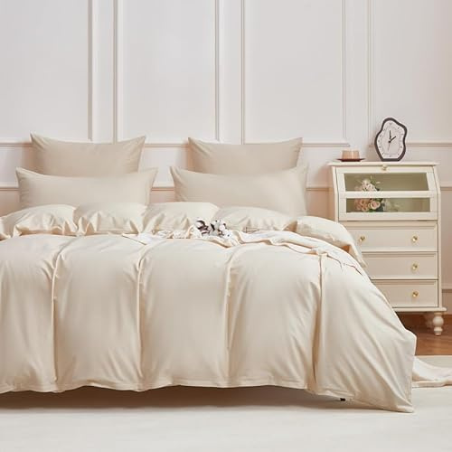 Gezu Mako Satin Bettwäsche 220x240cm Baumwollesatin Beige Bettwäsche Set 100% Baumwolle Weich Fein Bettbezug 220x240，Oeko-TEX® Standard Zertifiziert mit 2 Kissenbezug 80x80cm und Reissverschluss