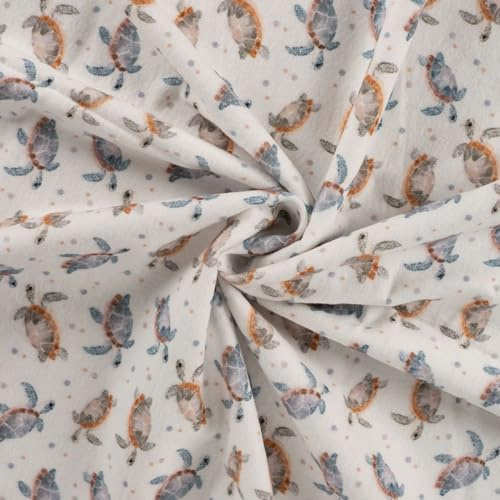 Baumwoll-Flanellstoff Digitaldruck – 100 % Baumwolle, 145 cm breit, 150 g/m² – Kuschelstoff Meterware für Baby & Kinder, 5 Designs, ecru – Nähen (Schildkröten)