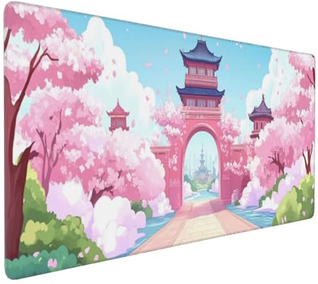 Gaming Mousepad XXL 80x40cm, Rosa Schreibtischunterlage Mousepad Japan mit Vernähte Kanten und Rutschfeste Gummibasis für Tastatur Maus Verbessert Präzision Geschwindigkeit,Geschenke für Frauen 0E-282