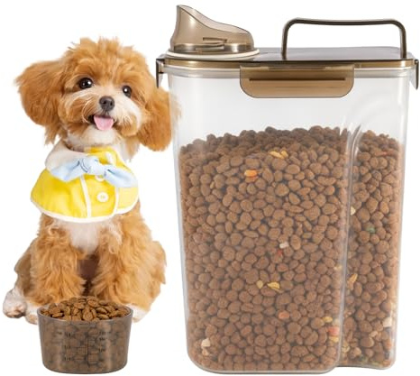 SUNNYNEST Dog Food Storage Container 5L Portable Pet Food Container Dog Food Storage Container Airtight Cat Pet Food Storage Container with Measuring Cup Pour Spout Food Dispenser (Translucent gray)