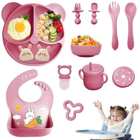 Vajilla Bebe Silicona, 11 Piezas Vajilla de Silicona para Bebés Antideslizante, Cubiertos Bebe para Comer Destete, Con Babero Taza Plato Cuenco, Juegos de Vajilla Bebe, Sin BPA (Rosa oscuro)