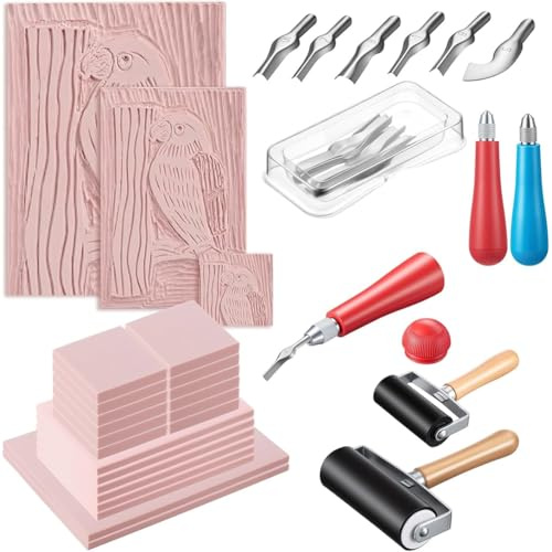 Akfldms Linolschnitt-Set - für Druckplatten, 2 X 2, 6 Stück 4 X 6, 2 Stück 6 X 8, 2 Messer und 2 Walzen für DIY Linoleum