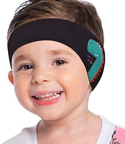 MoKo Schwimmen Stirnband Kinder, S Größe, Schwarz Dinosaurier | Verstellbares Neopren Schwimmband, Ohrenband Wasserdichtes, Hohe Elastizität