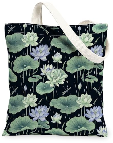 Bolsa de lona para mujer, diseño de lirio de agua, hojas de lirio de agua, libélula, verde, lavable, reutilizable, bolsa de comestibles, Verde, 13x15 Inch