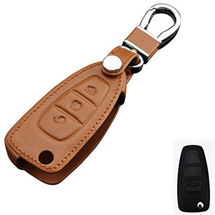 Happyit Housse de Protection en Cuir Véritable pour Ford Focus 3 mk3 mk4 Ranger Kuga Ecosport Edge Mondeo Titanium avec Porte-clés (Marron)