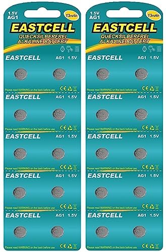 EASTCELL 20 x AG1 1,5V Quecksilberfrei 13 mAh (2 Blistercard a 10 Batterien) LR60 164 621 EINWEG Markenware