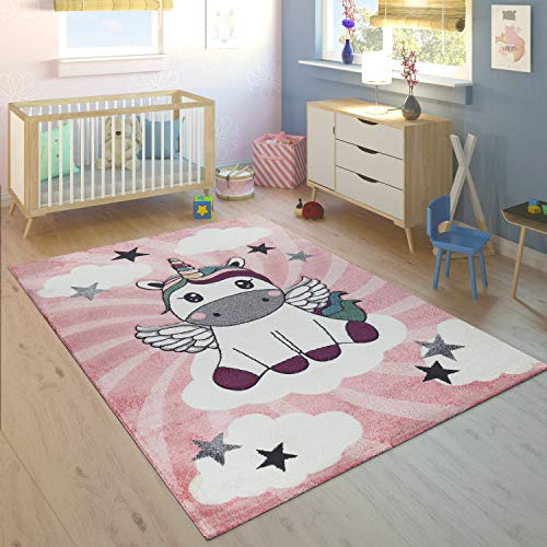 Paco Home Kinderteppich Kinderzimmer Mädchen Modern Einhorn Auf Wolken In Rosa Lila, Grösse:80x150 cm
